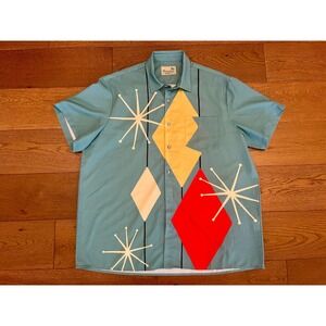 Royaura Atomic Mid Century Modern Shirt XL Teal Starburst MCM Retro Rockabilly